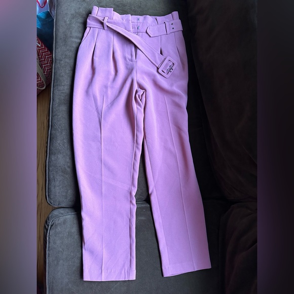 Topshop Pink Belted Pleated Ankle Trousers Old Rose Pink High Rise Tapered Sz 4 - Picture 1 of 15